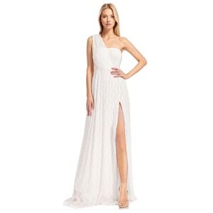 Jewel Badgley Mischka One-Shoulder Pleated Mesh Lace Gown Front Slit Size‎ 8 NEW